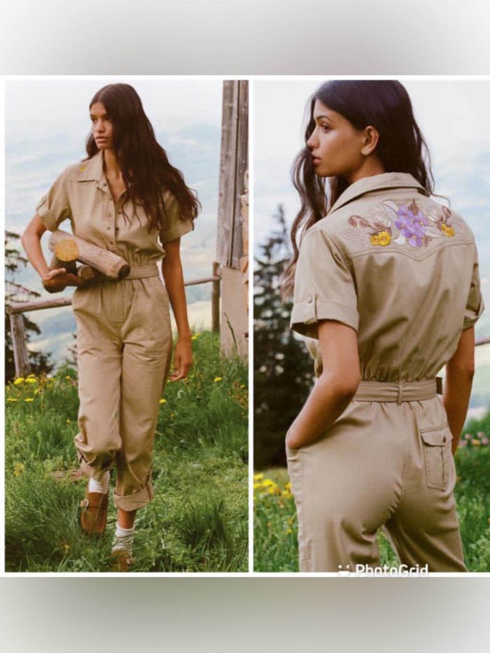Spell Tan Utility Jumpsuit with Floral Back Embroidery